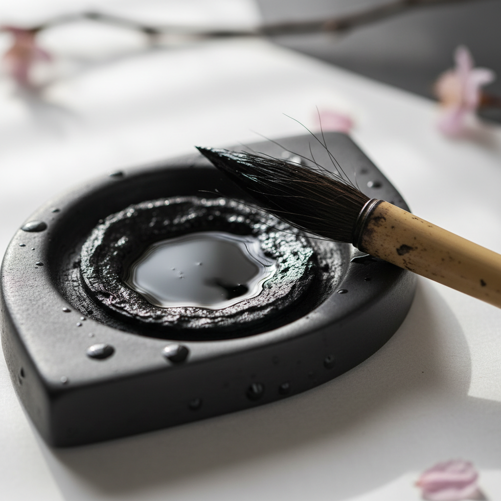 Macro shot of Japanese sumi ink in a ceramic ink stone with bamboo brush resting beside it
