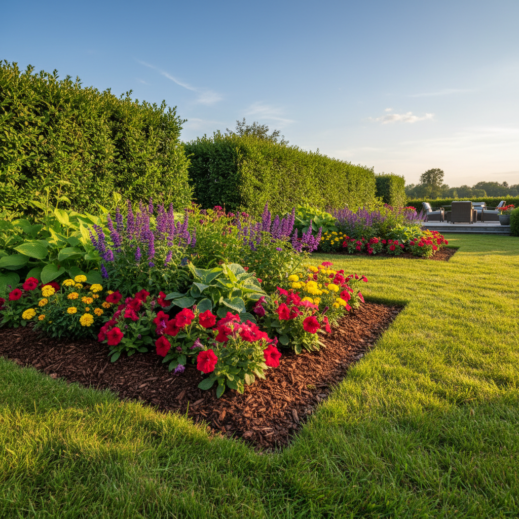Freshly edged lawn with neat hedge borders and mulched flower beds in afternoon light
