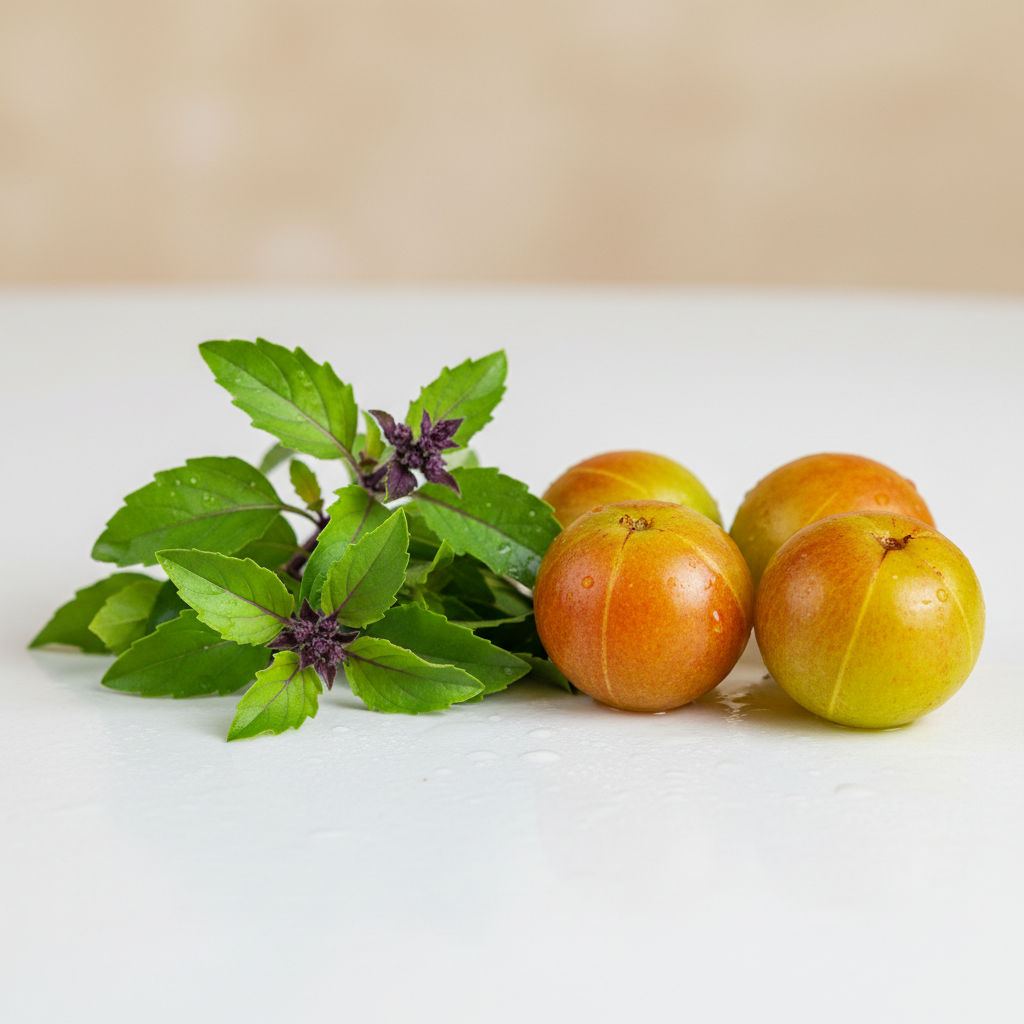 Fresh green Amla fruits on wooden surface with natural lighting