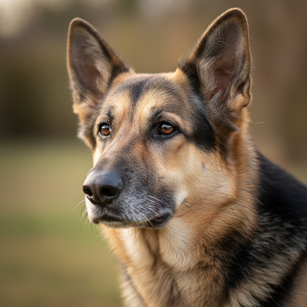 Sable German Shepherd senior dog, soft coat well-maintained, gentle expression