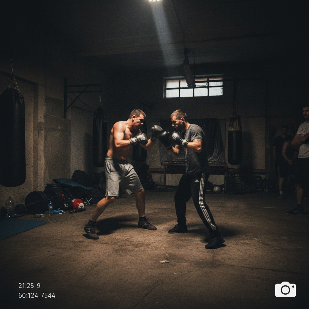 Raw informal gym boxing spar with phone camera recording, poor lighting, no officials