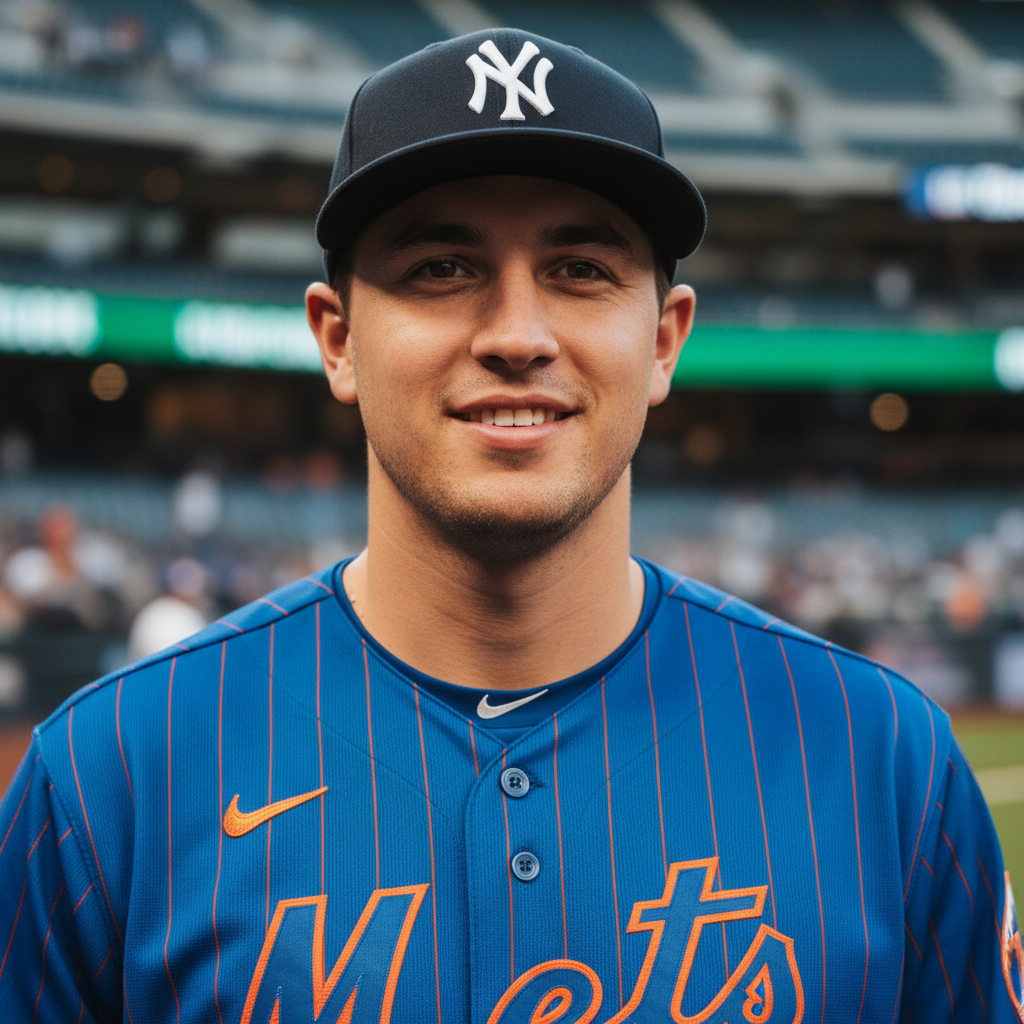 Young man in his late twenties wearing a baseball cap and team jersey
