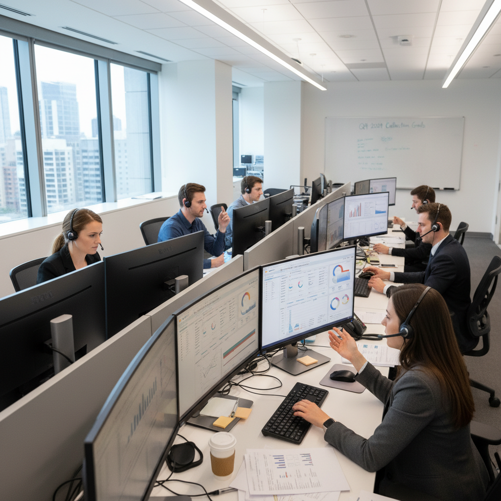 Professional call center agents wearing headsets working at their desks in a modern BPO office