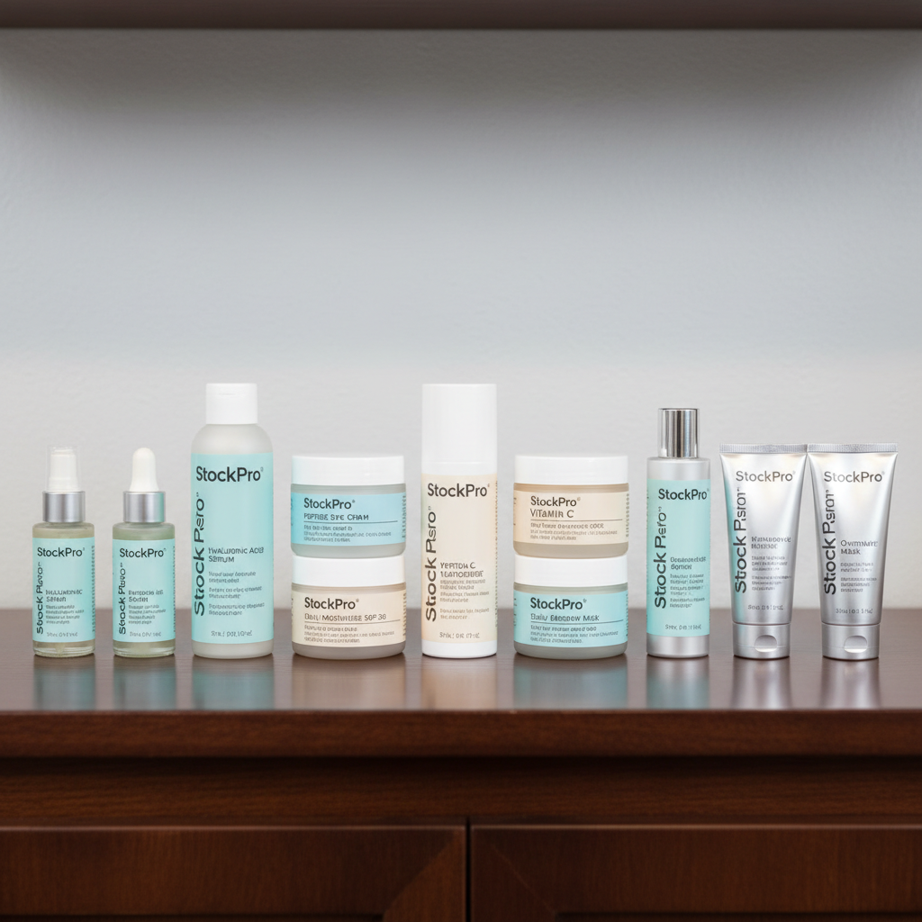 Salon retail shelf stocked with professional skincare products from StockPro
