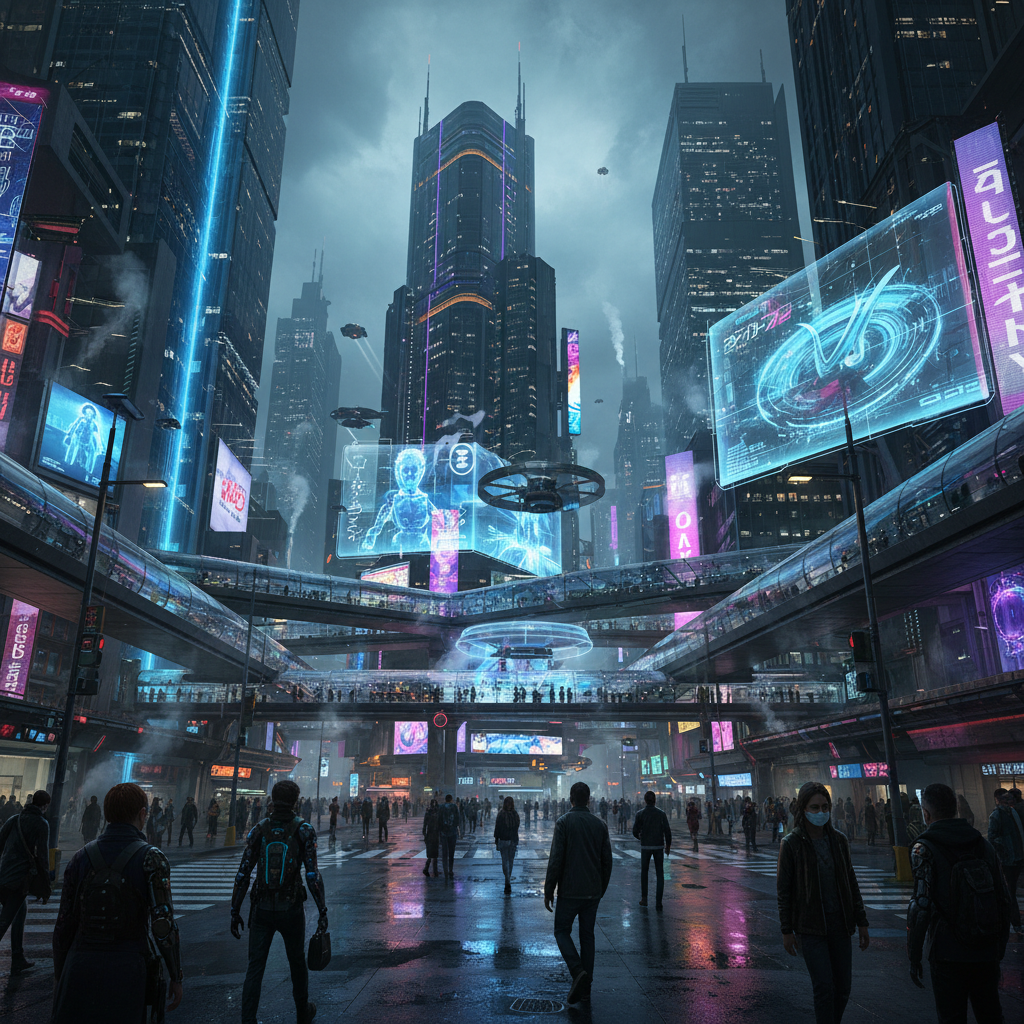 Neon-lit futuristic city at night, cyberpunk atmosphere