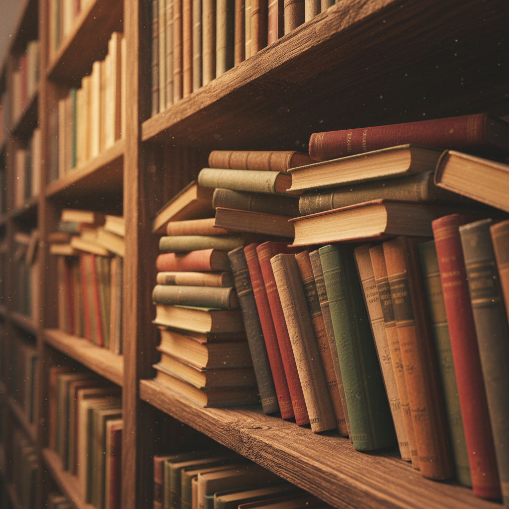 Stack of antique hardcover books in dim library with warm amber glow, dark atmospheric background, dust motes