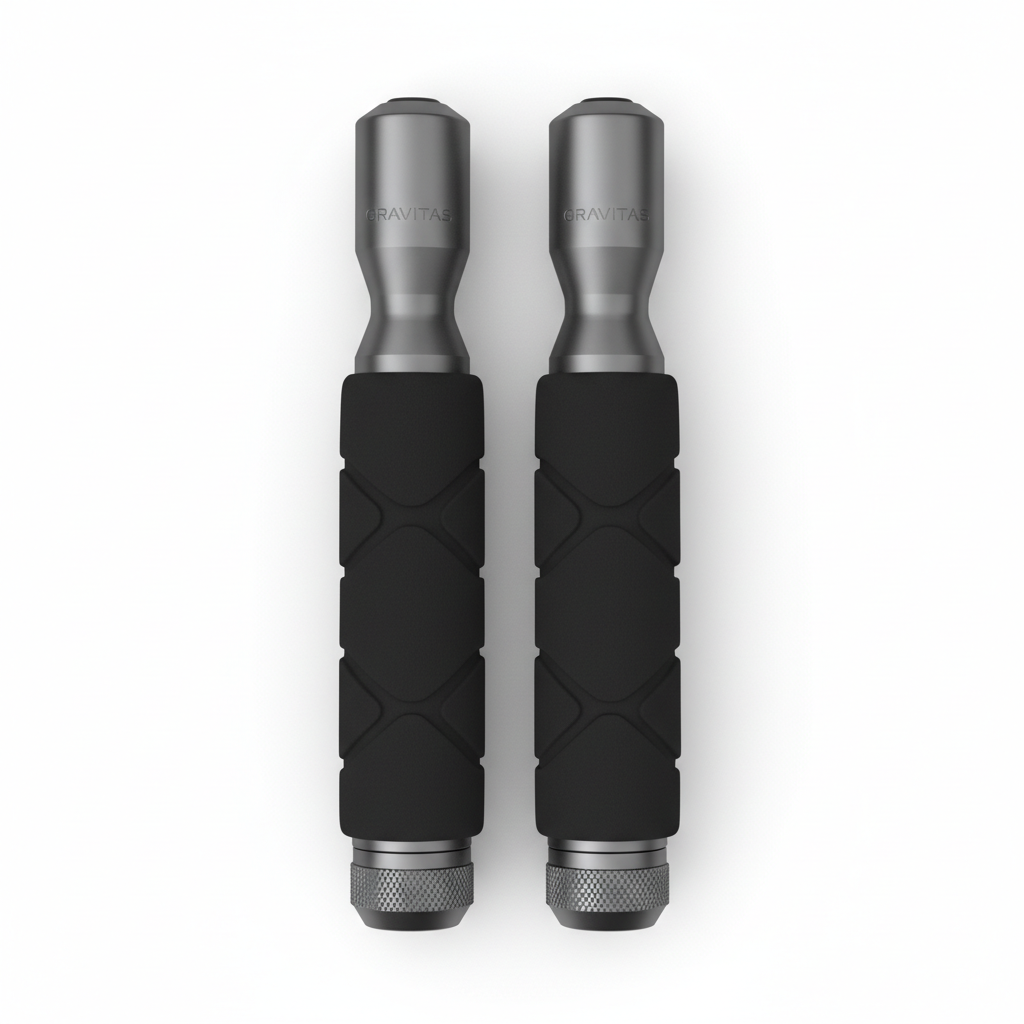 Weighted jump rope handles close-up, heavy aluminum handles with rubber grip