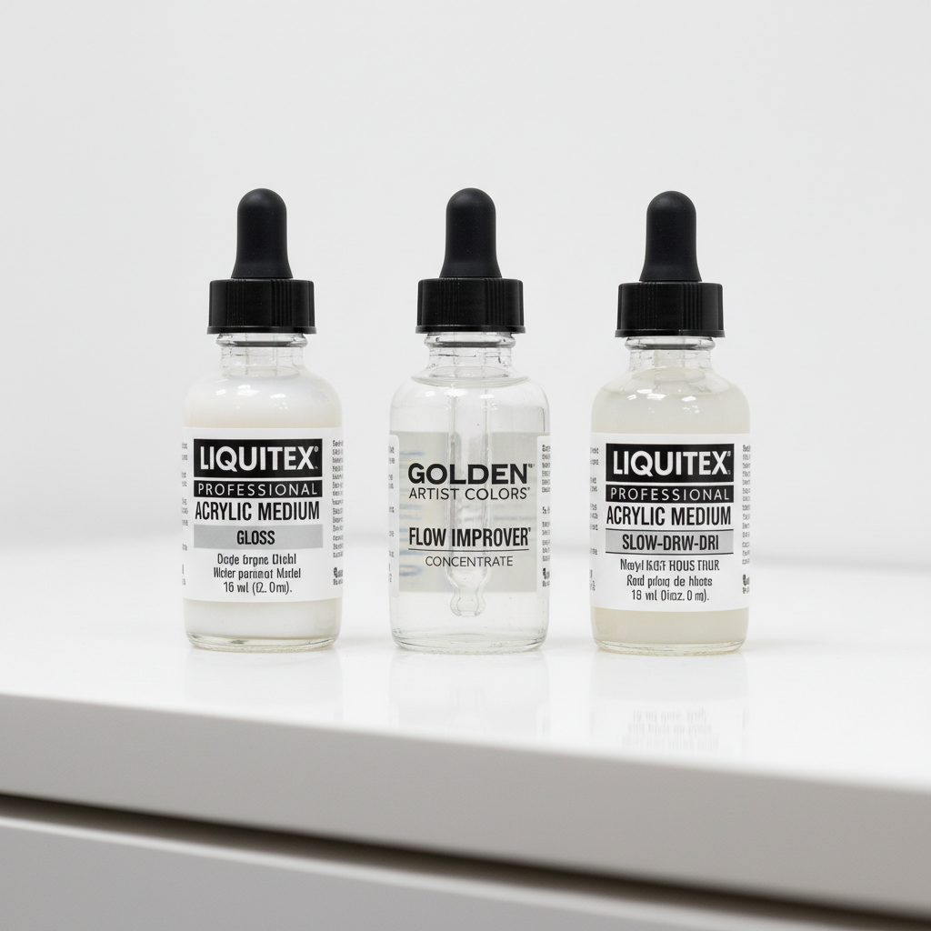 Small dropper bottles of acrylic medium and flow improver on a white workbench beside a wet palette