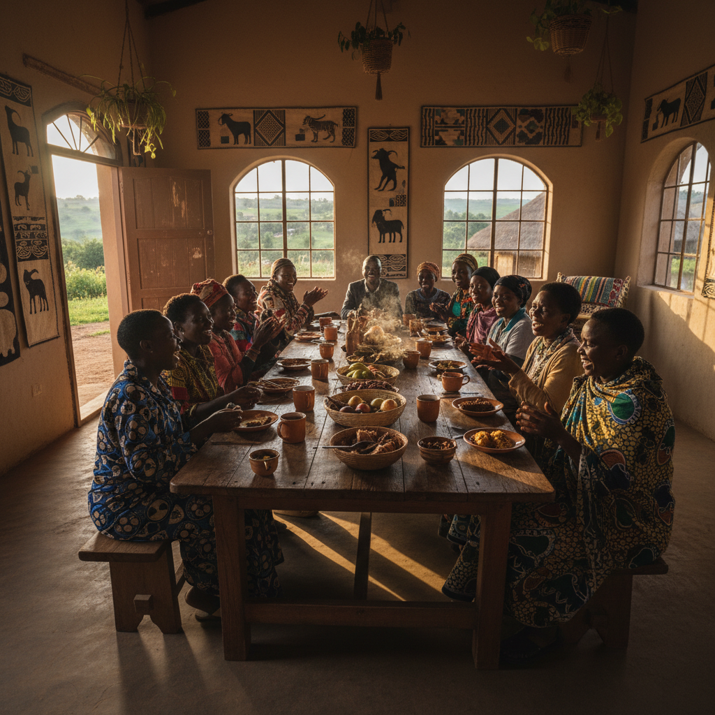 Diners laughing over shared plates at a wooden farmhouse table