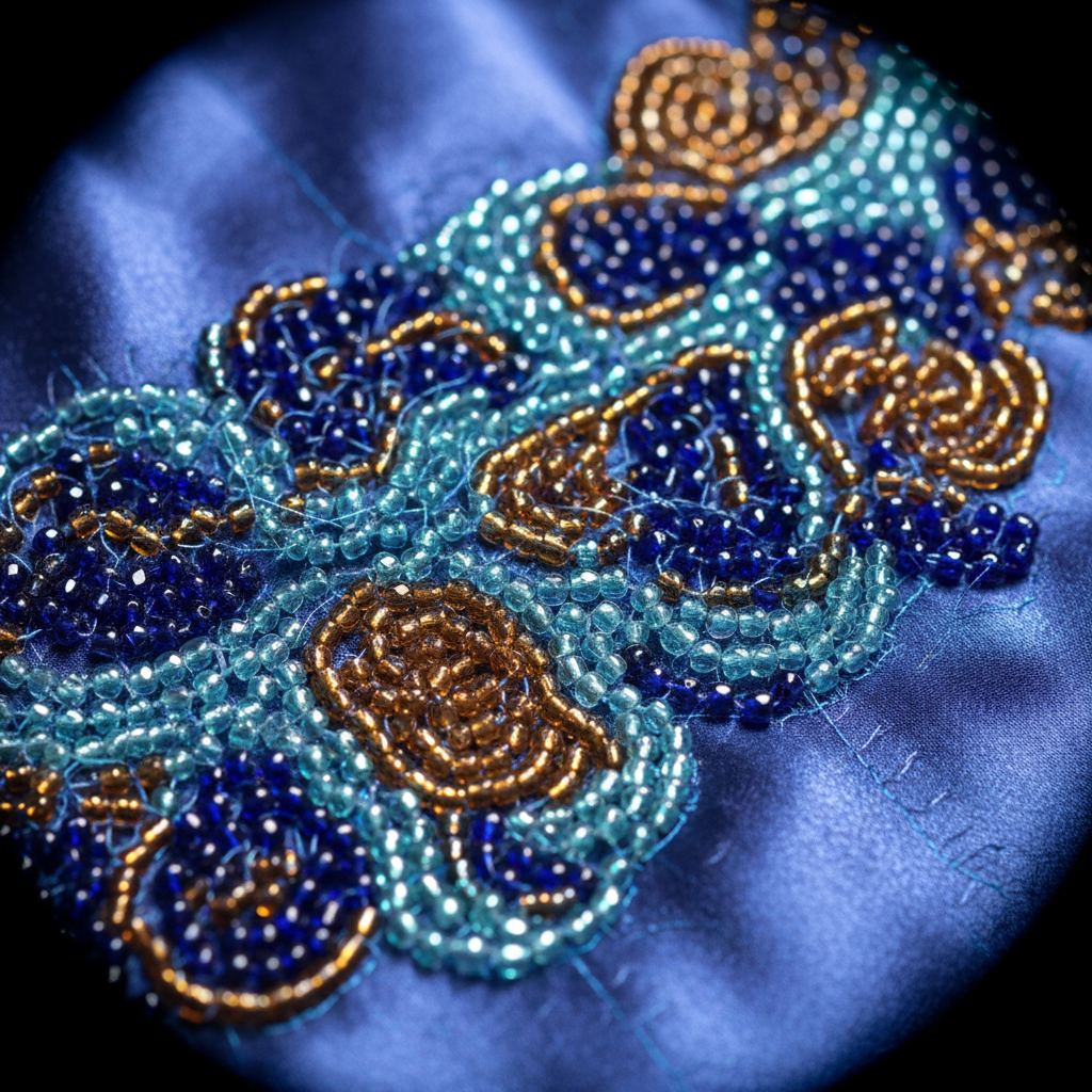 Macro photograph of hand-sewn glass beadwork on silk, individual beads visible with thread securing each one