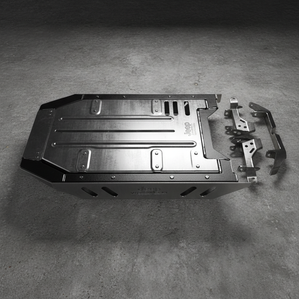 Heavy duty steel skid plate kit for Jeep Wrangler JL showing laser-cut mounting brackets and protective coverage