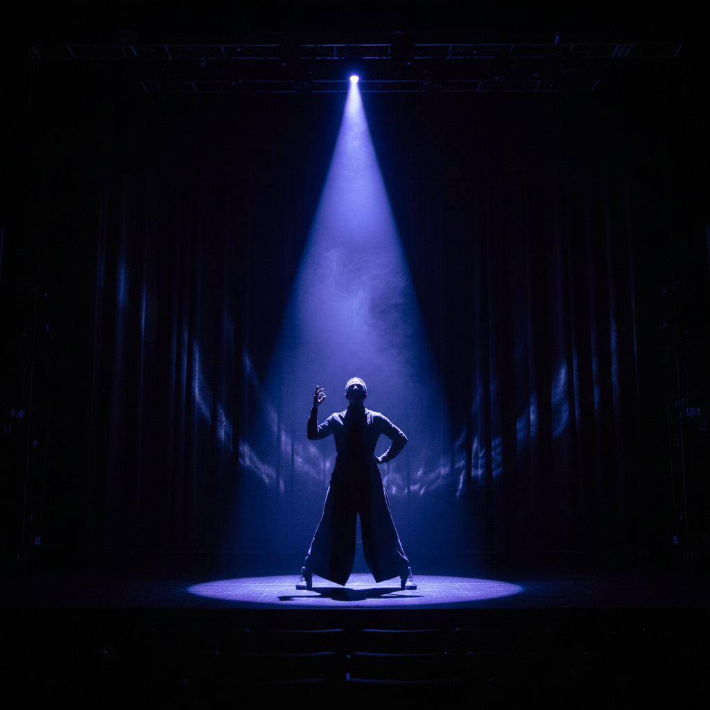 Artist silhouette standing center-stage under an indigo spotlight