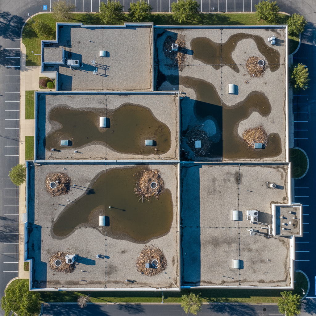 High altitude drone survey of commercial building complex showing pooling water on flat roof sections with drain blockage