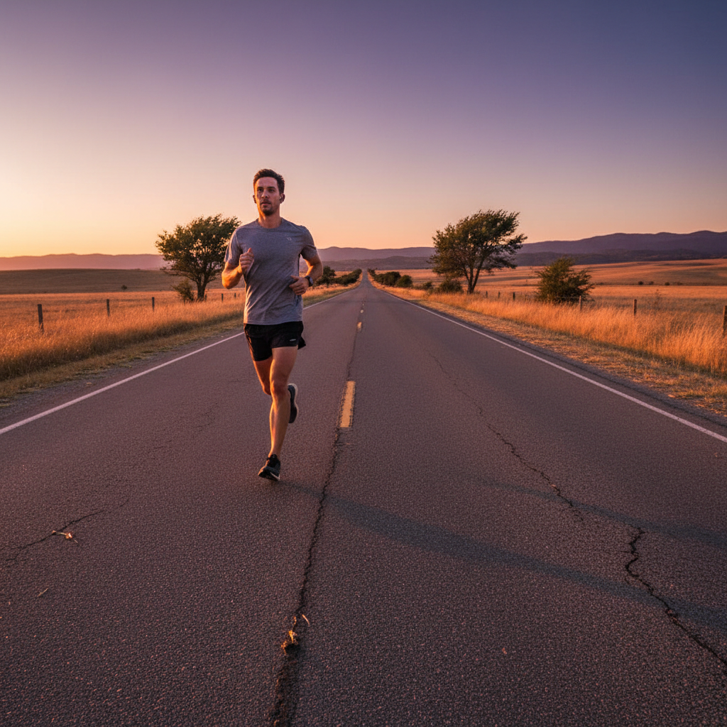 Lonely jogger with earbuds running alone on empty road at dusk
