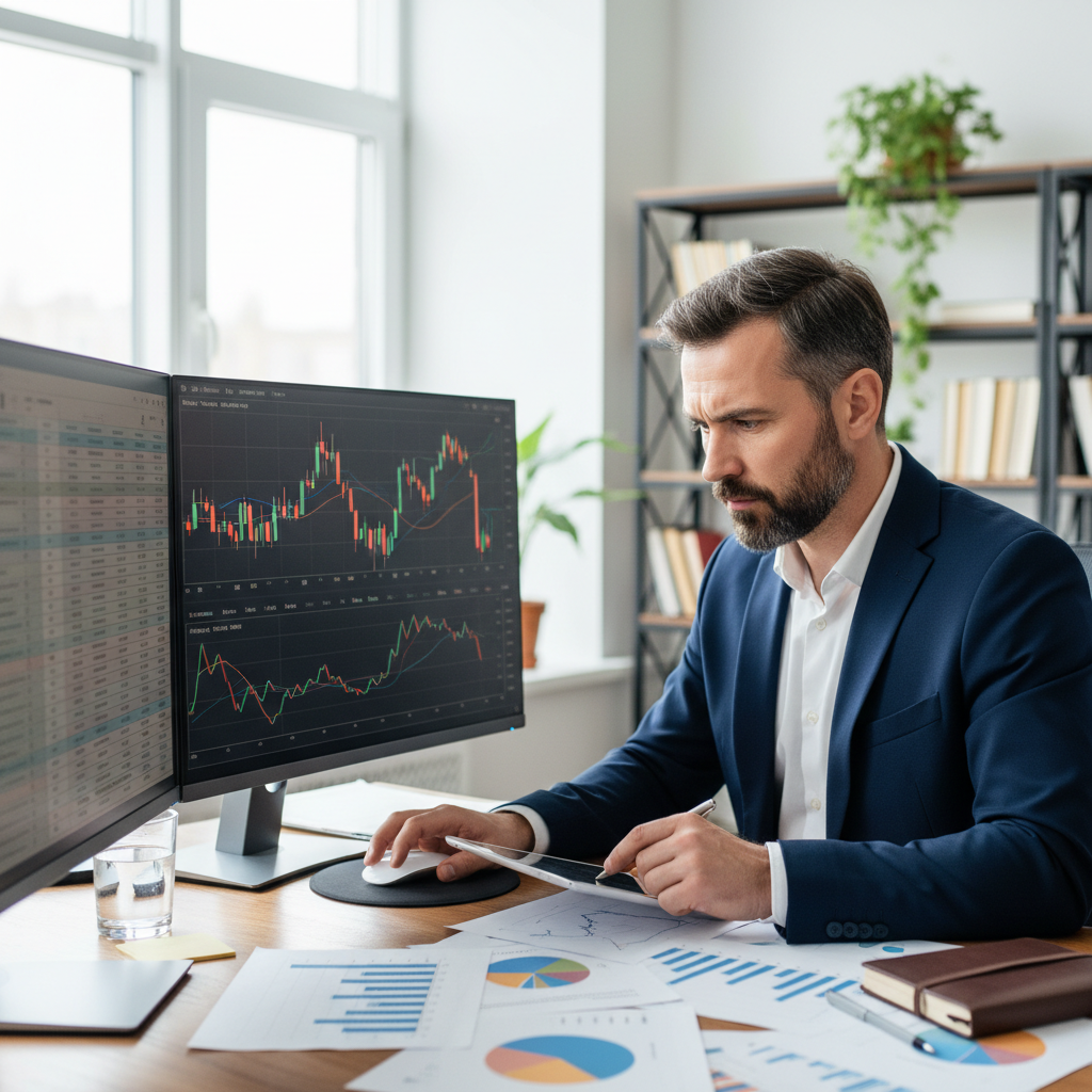 Professional financial consultant reviewing transport business reports and spreadsheets with client, office setting