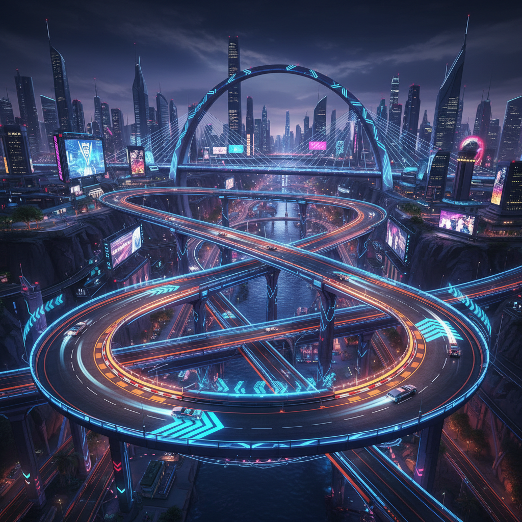 Paisaje de ciencia ficción futurista con luces de ciudad nocturna y atmósfera nebulosa