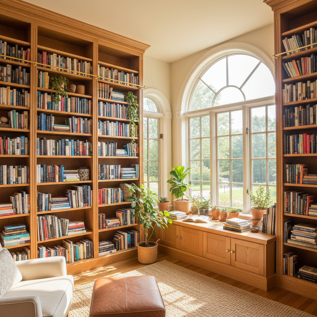 Mercer Penthouse detail — custom bronze shelving unit with curated objects, aged leather books, and sculptural ceramics against warm plaster wall