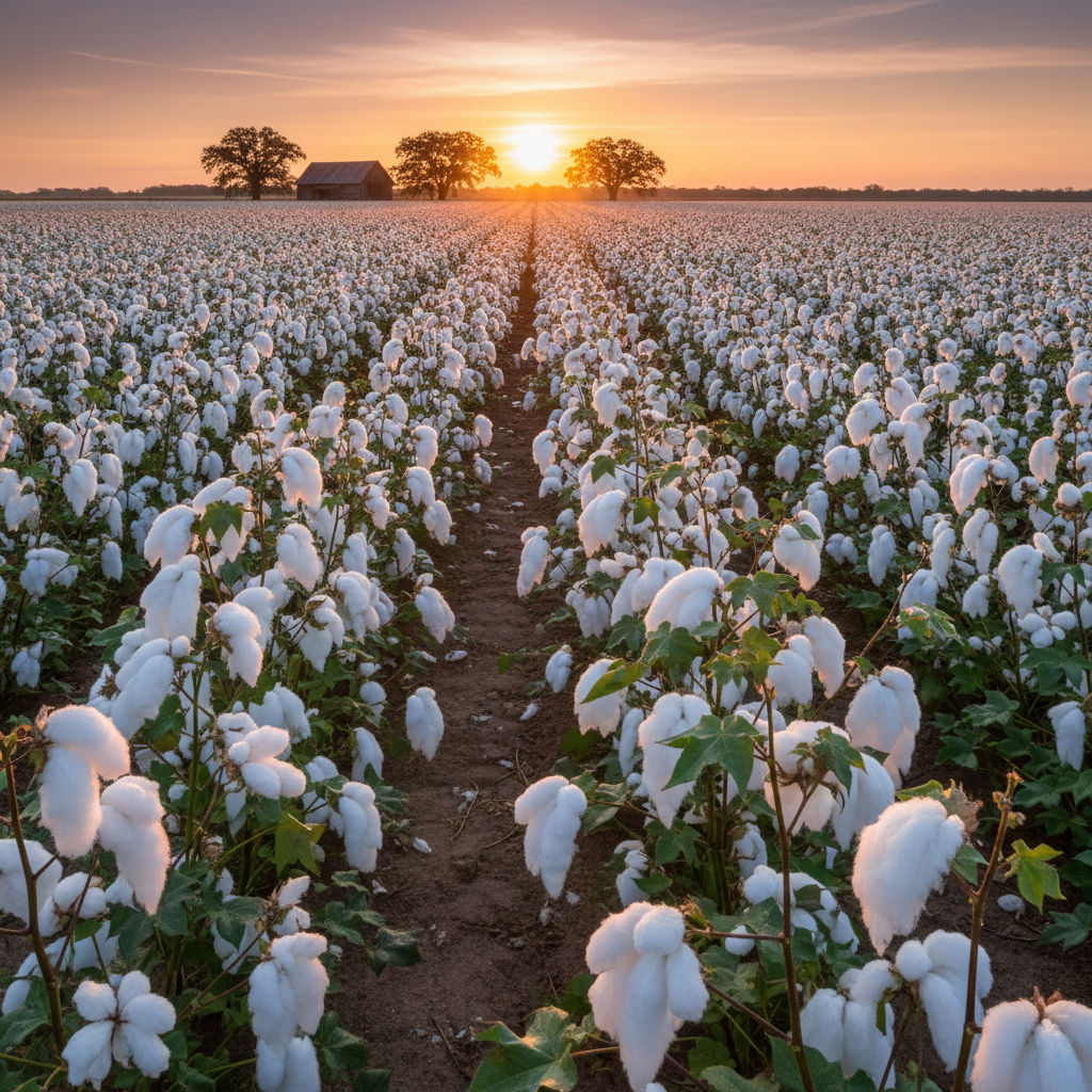 Cotton field in bloom under golden afternoon light