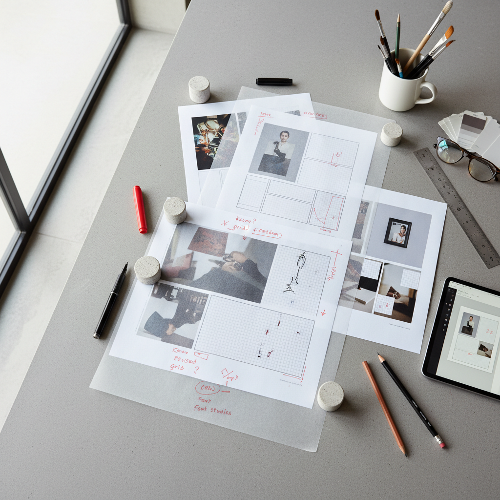 Design refinement process with printed materials and editorial annotations on clean stone surface