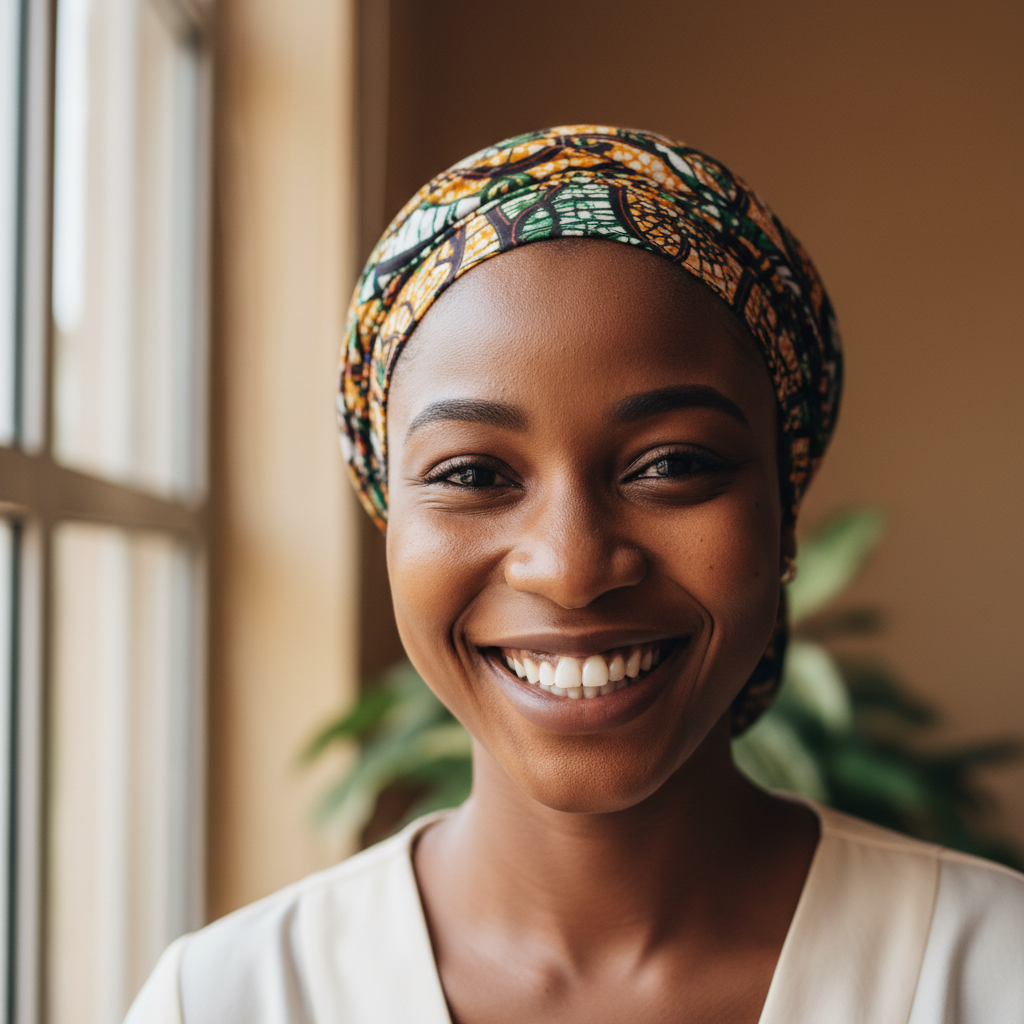 Nigerian female chef teaching cooking class in bright kitchen, professional attire, smiling at camera