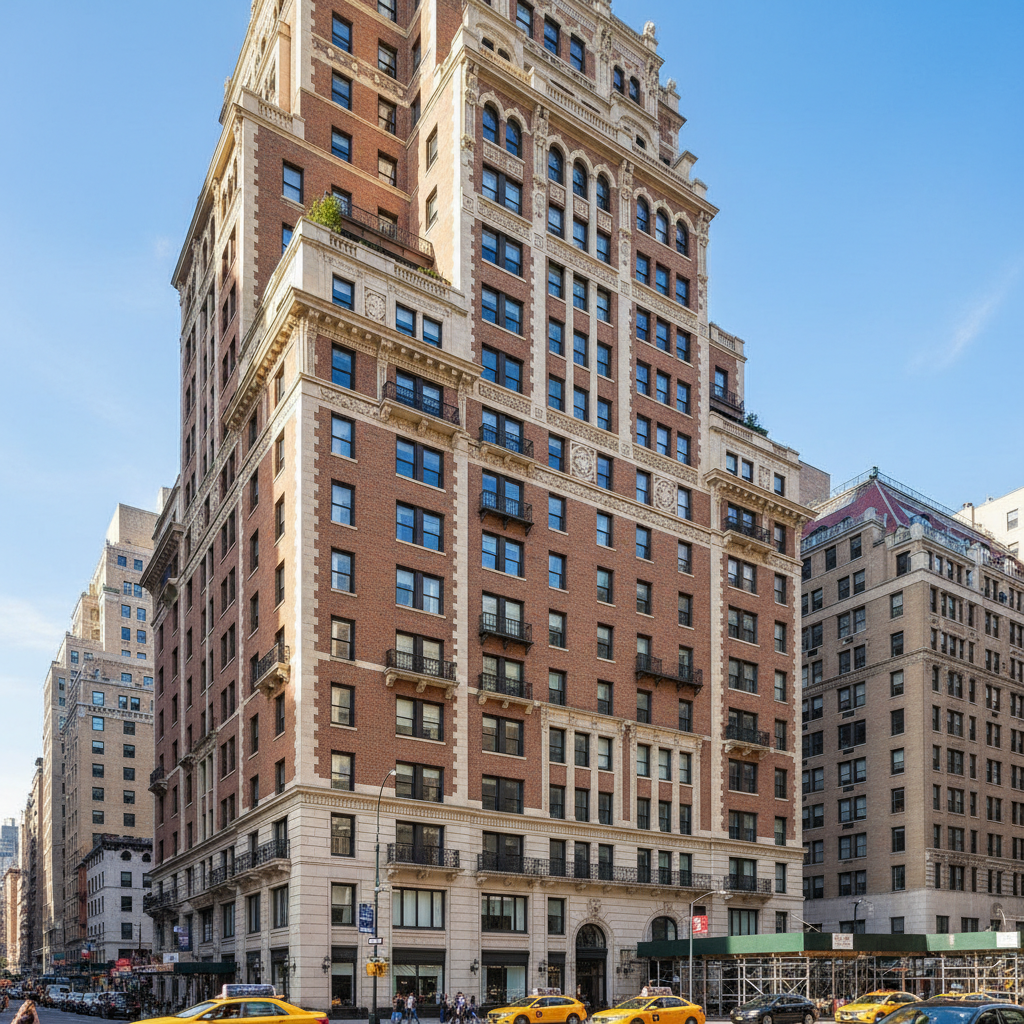 Manhattan high-rise apartment building exterior with classic pre-war architecture