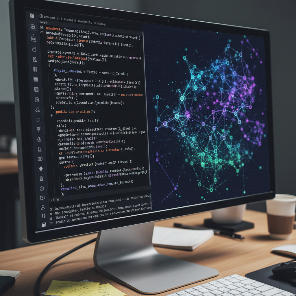 Machine learning code on computer screen with abstract neural network visualization