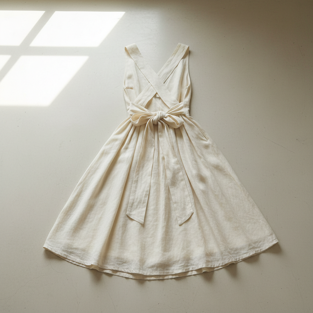 Linen wrap dress back view, tie detail at waist, clean neutral background