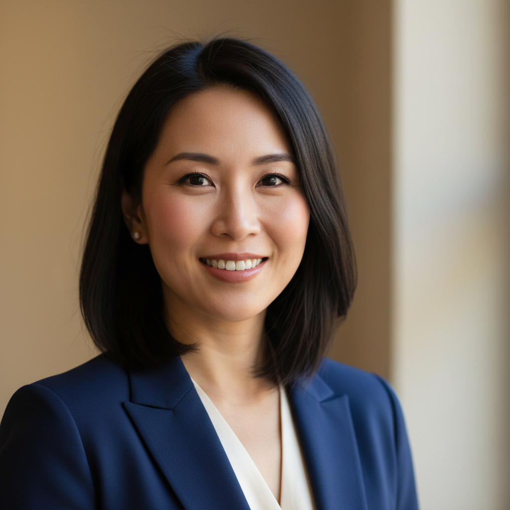 Professional Asian woman with short black hair in navy business suit smiling confidently