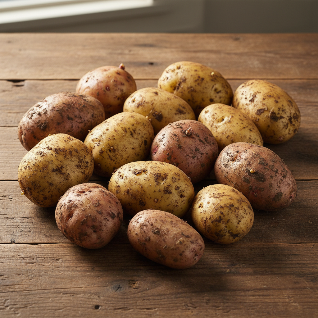 Fresh unwashed potatoes in a wooden crate, earthy brown skins in natural daylight from side window