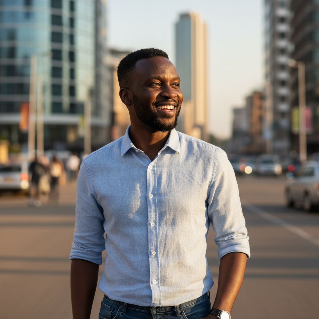 Professional Tanzanian man in business attire, bright office background, confident expression