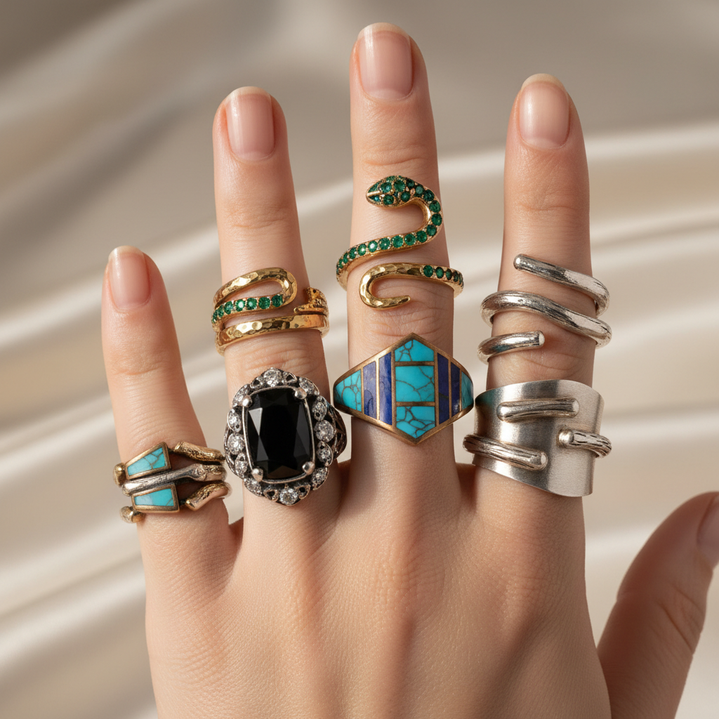 Multiple statement rings stacked on fingers