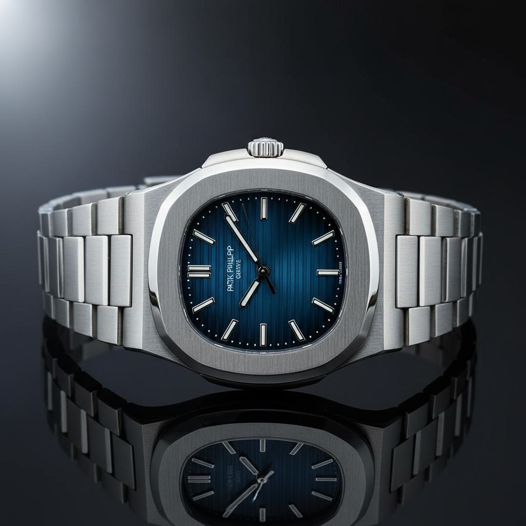 Patek Philippe Nautilus luxury sports watch with blue dial on marble surface with soft ambient lighting