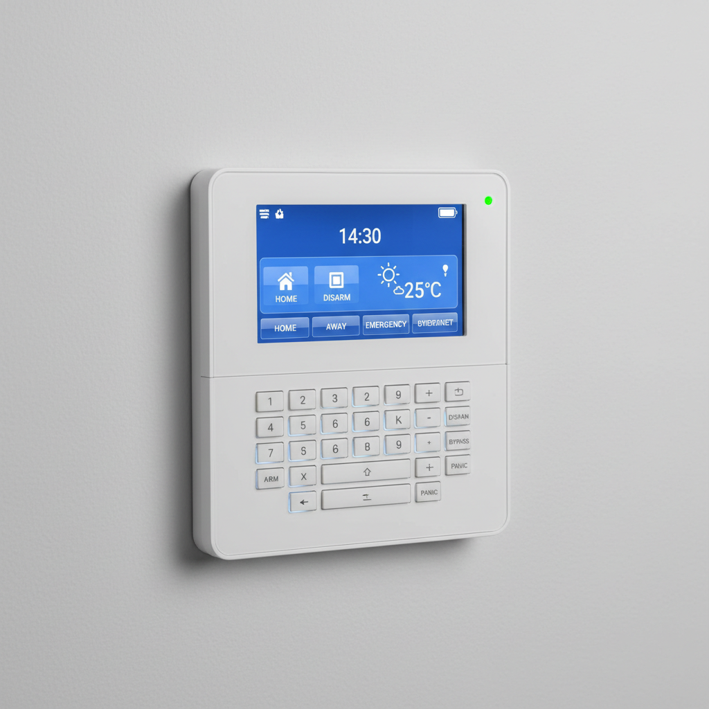 Modern security alarm control panel with digital display and numeric keypad mounted on white wall in commercial office building