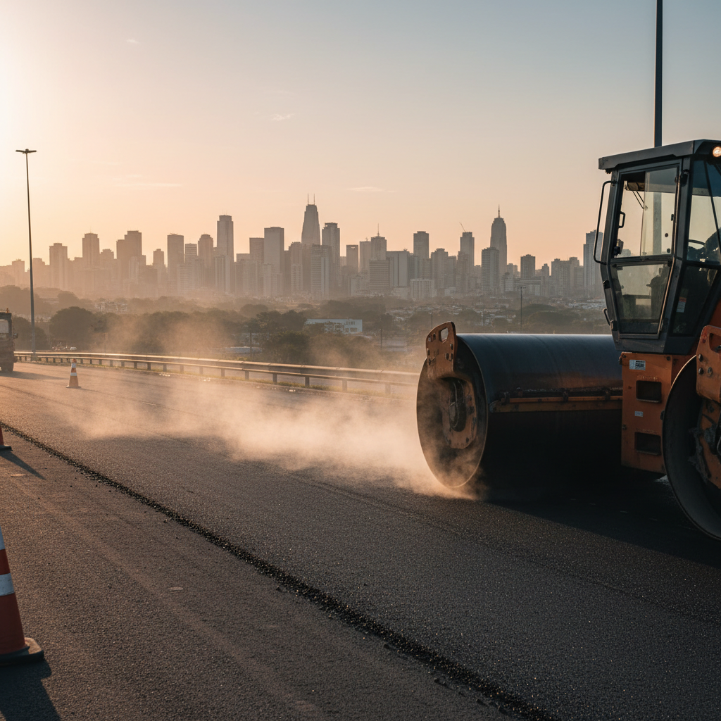 Rolo compressor pressionando asfalto ao amanhecer com vapor subindo da superfície e skyline de São Paulo ao fundo