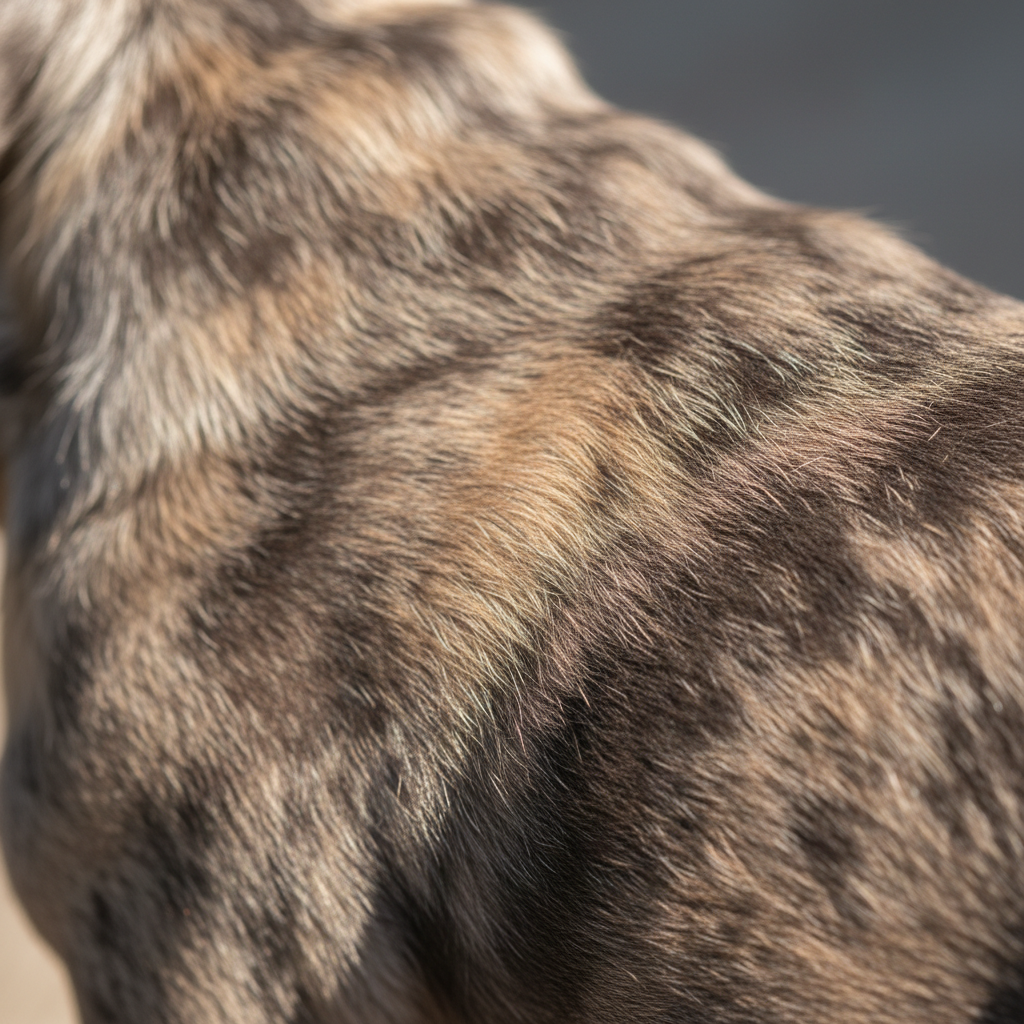 Close-up of a merle French Bulldog coat showing the marbled brindle pattern with blue-grey and fawn swirls in natural sunlight