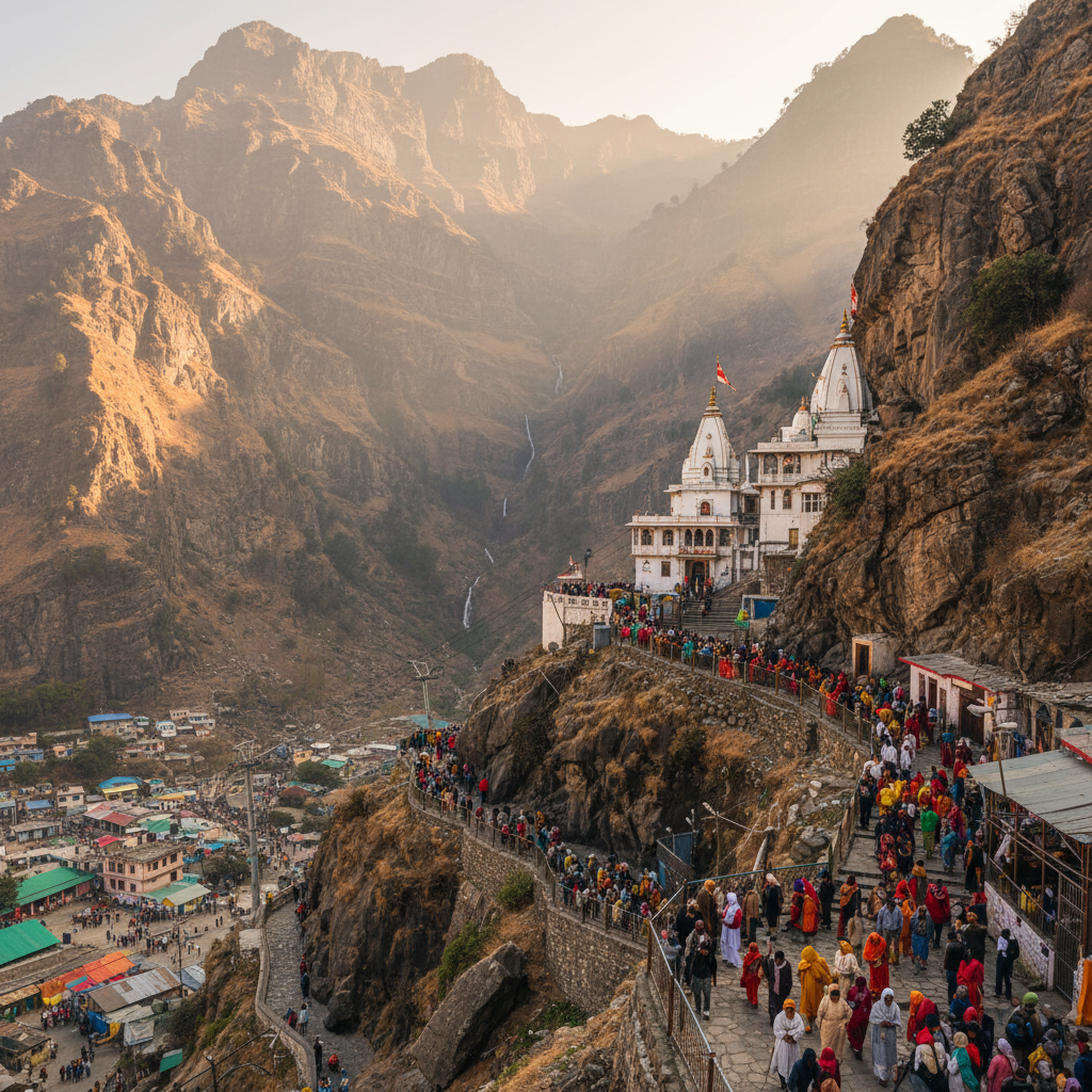 Vaishno Devi shrine cave entrance with devotees and Trikuta mountain range in background