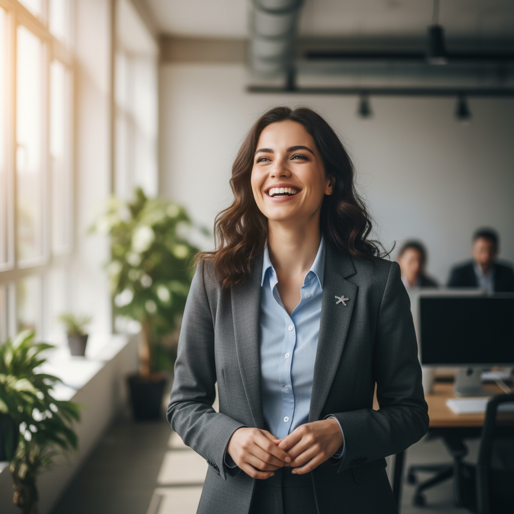 Business professional woman smiling, bright office background