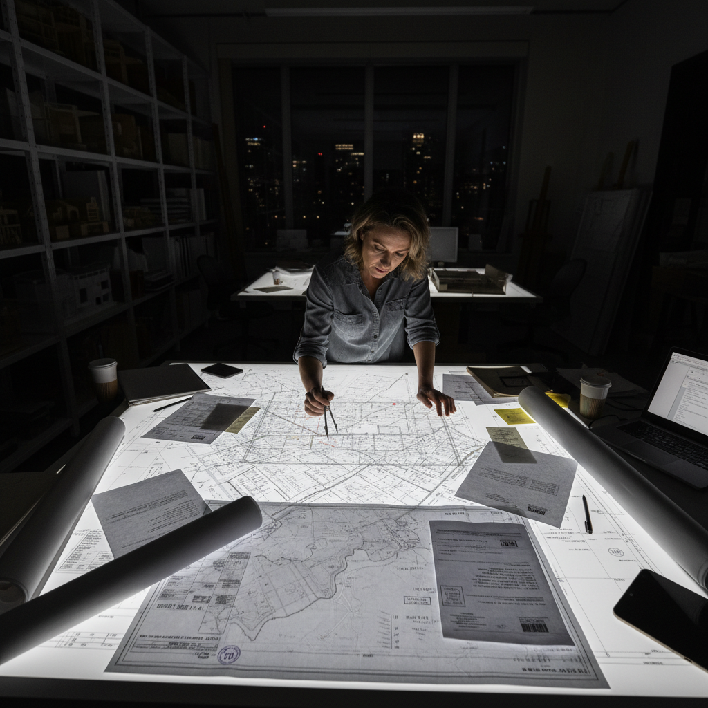 Architect reviewing architectural drawings at a large drafting table, blueprint plans spread out, warm studio lighting, dark wood desk