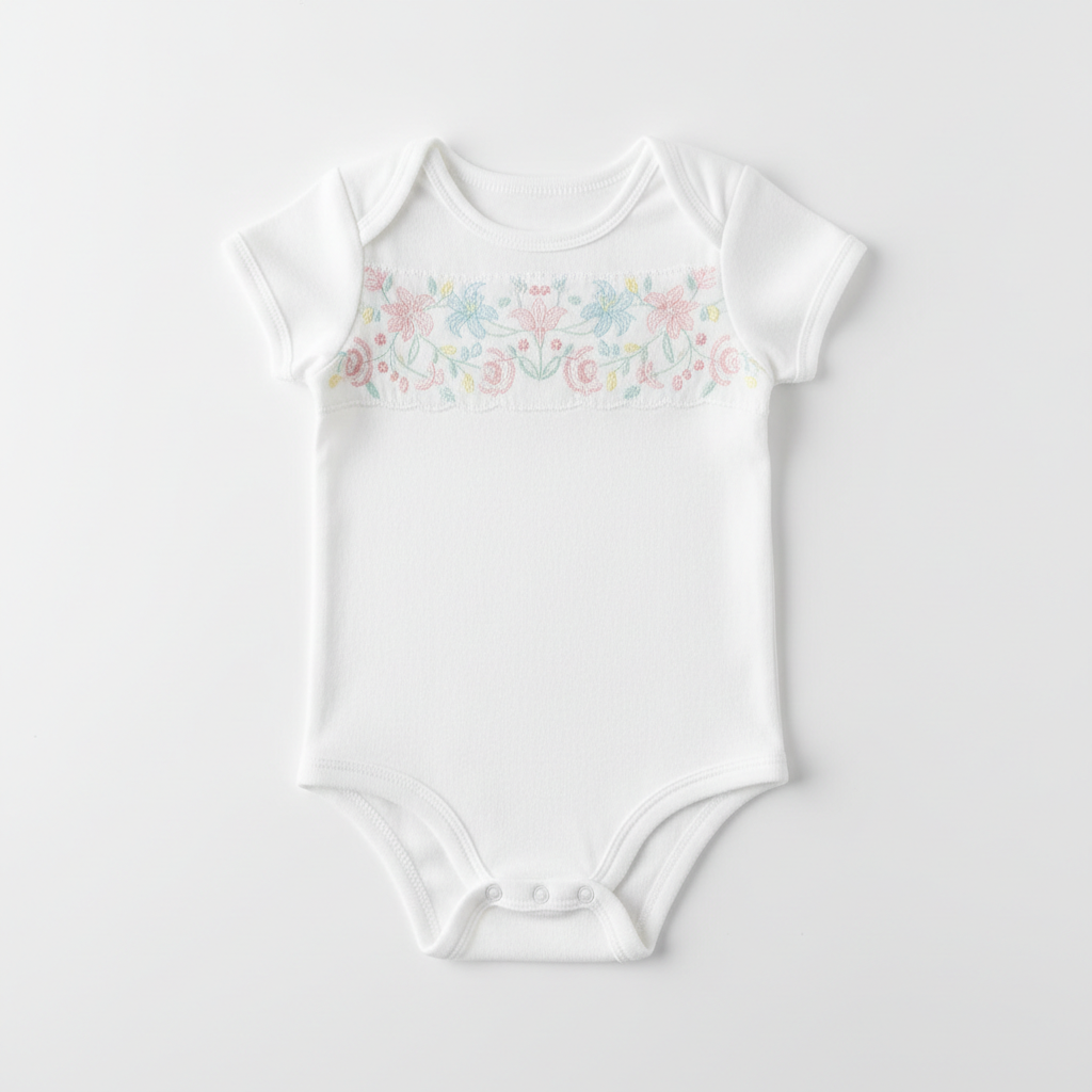 Plain white pima cotton onesie on cream background