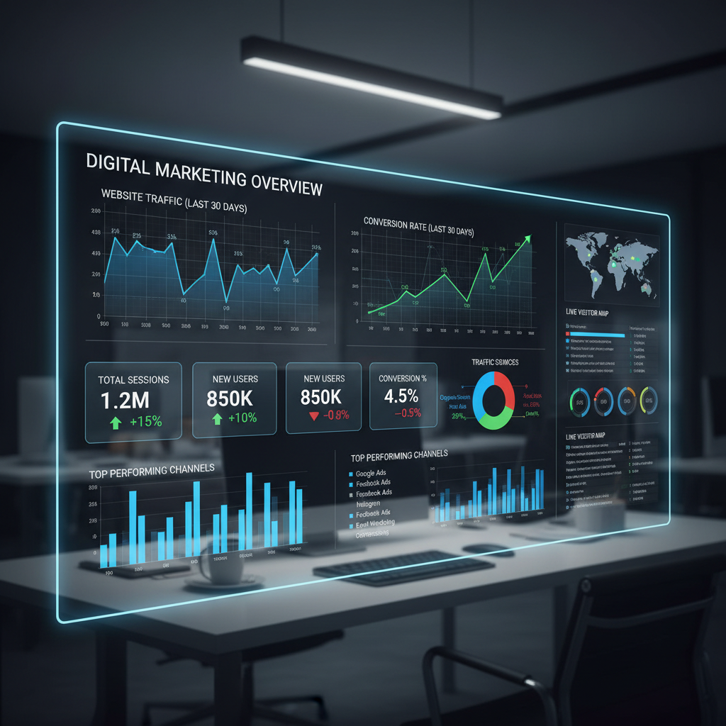 Comprehensive digital marketing dashboard showing multi-channel campaign performance across all platforms