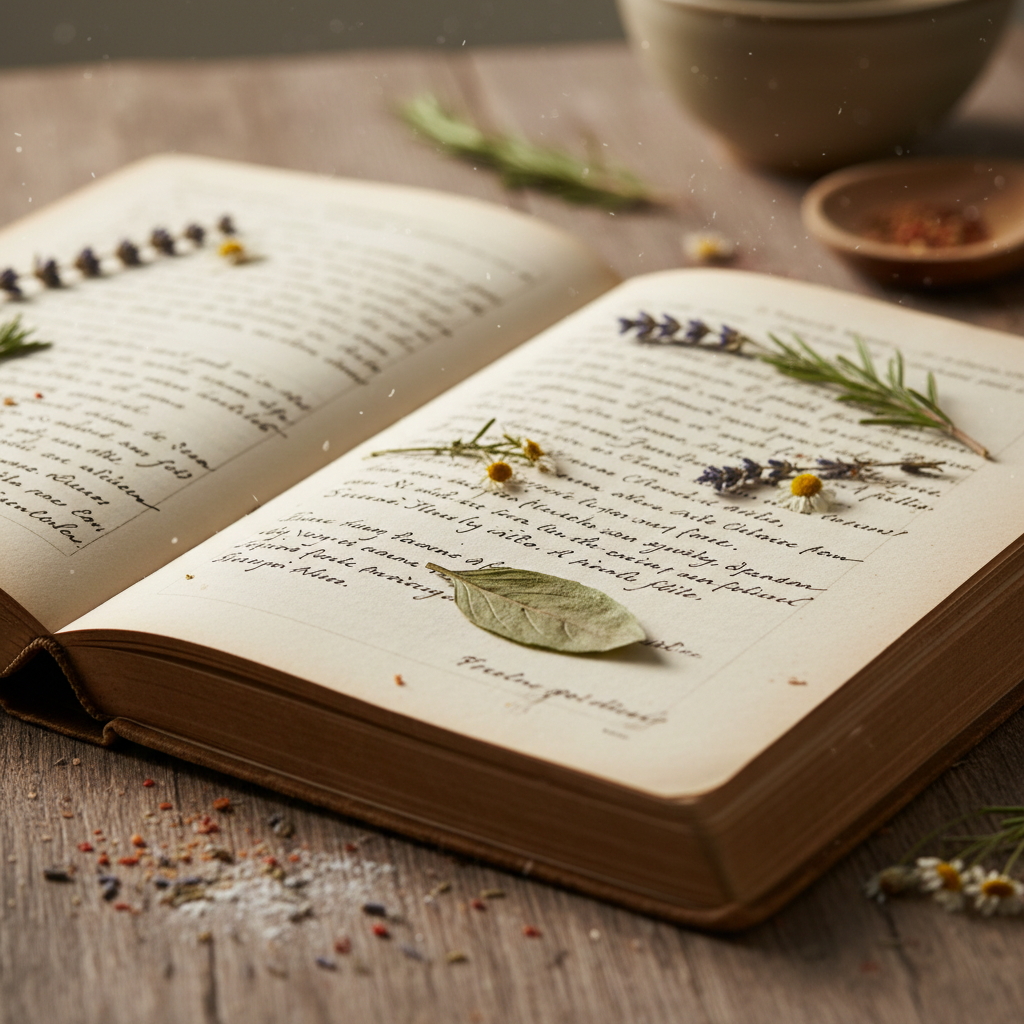 Open cookbook on wooden table with fresh herbs and ingredients around it, warm natural lighting, bright and appetizing food scene