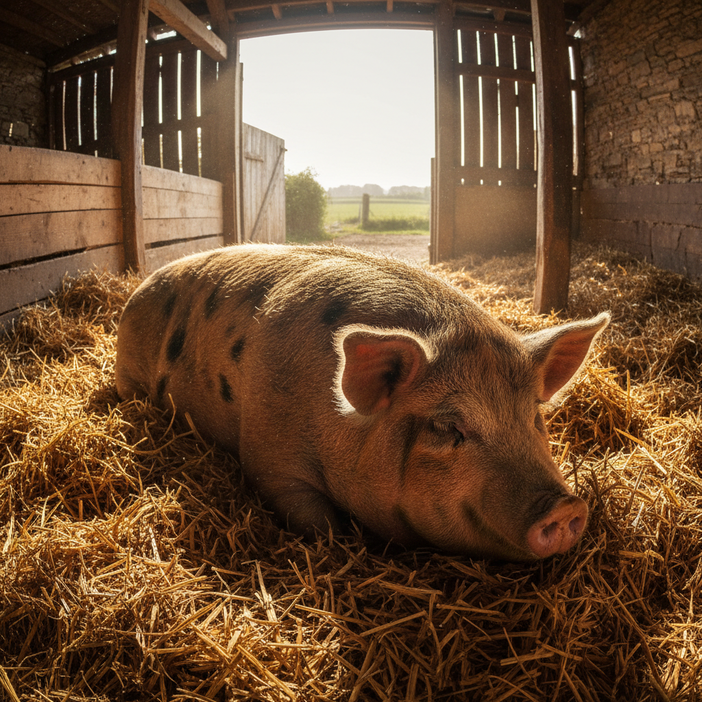 Percy, a large Gloucester Old Spot pig, lying contentedly in fresh straw in a sun-dappled barn, ears flopped forward