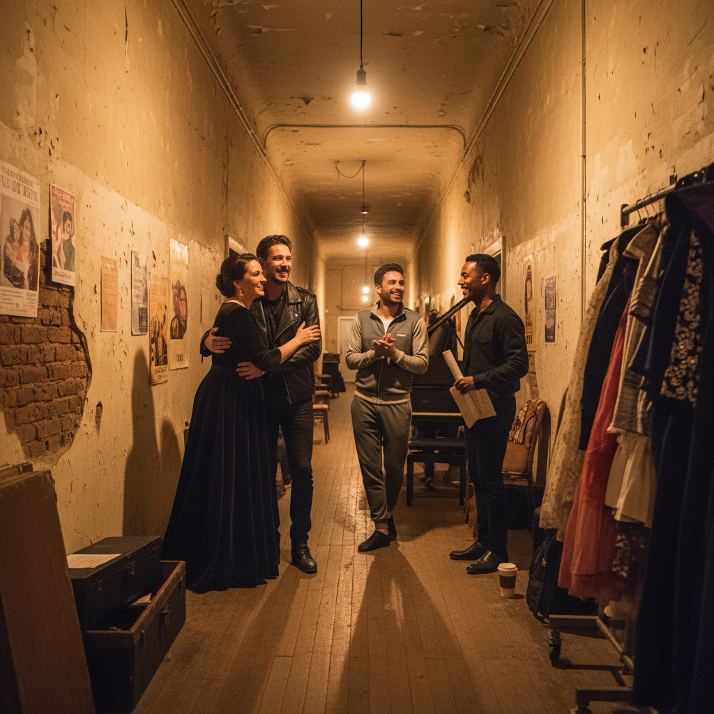 Tour life behind the scenes — candid moments backstage, dim corridor lighting, authentic on-tour atmosphere