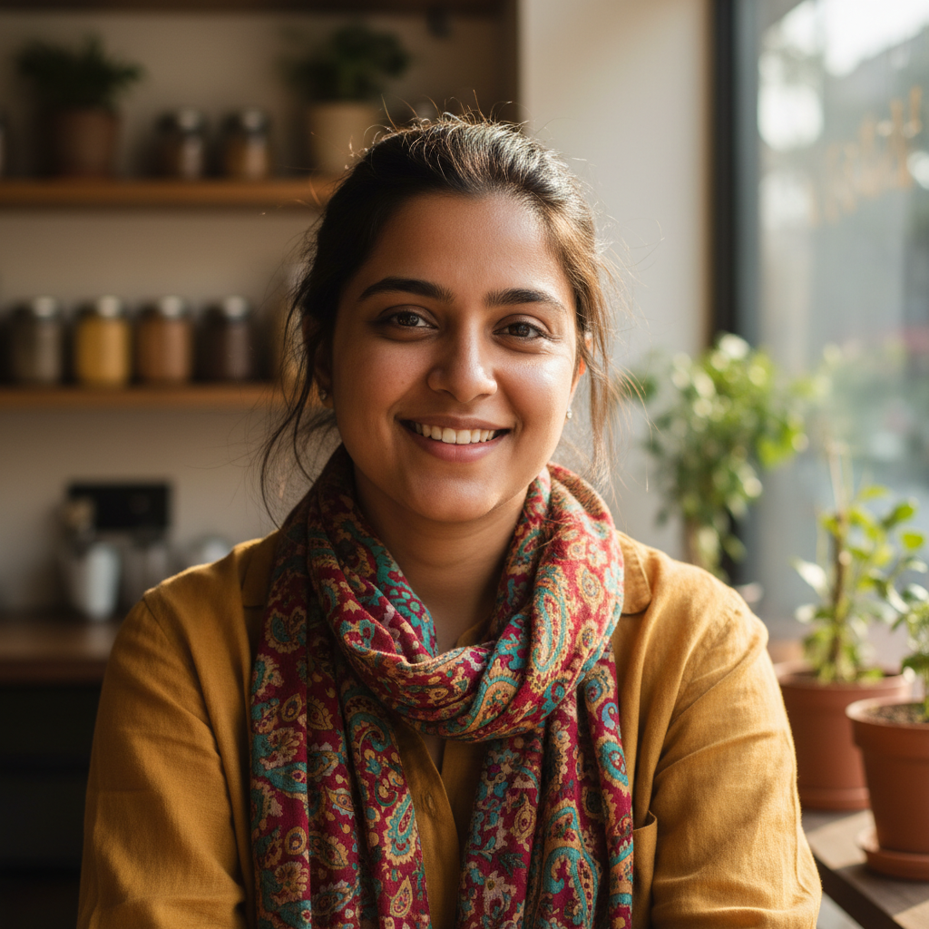 Young Indian woman crocheting at a wooden table, warm afternoon light, surrounded by colorful yarn skeins