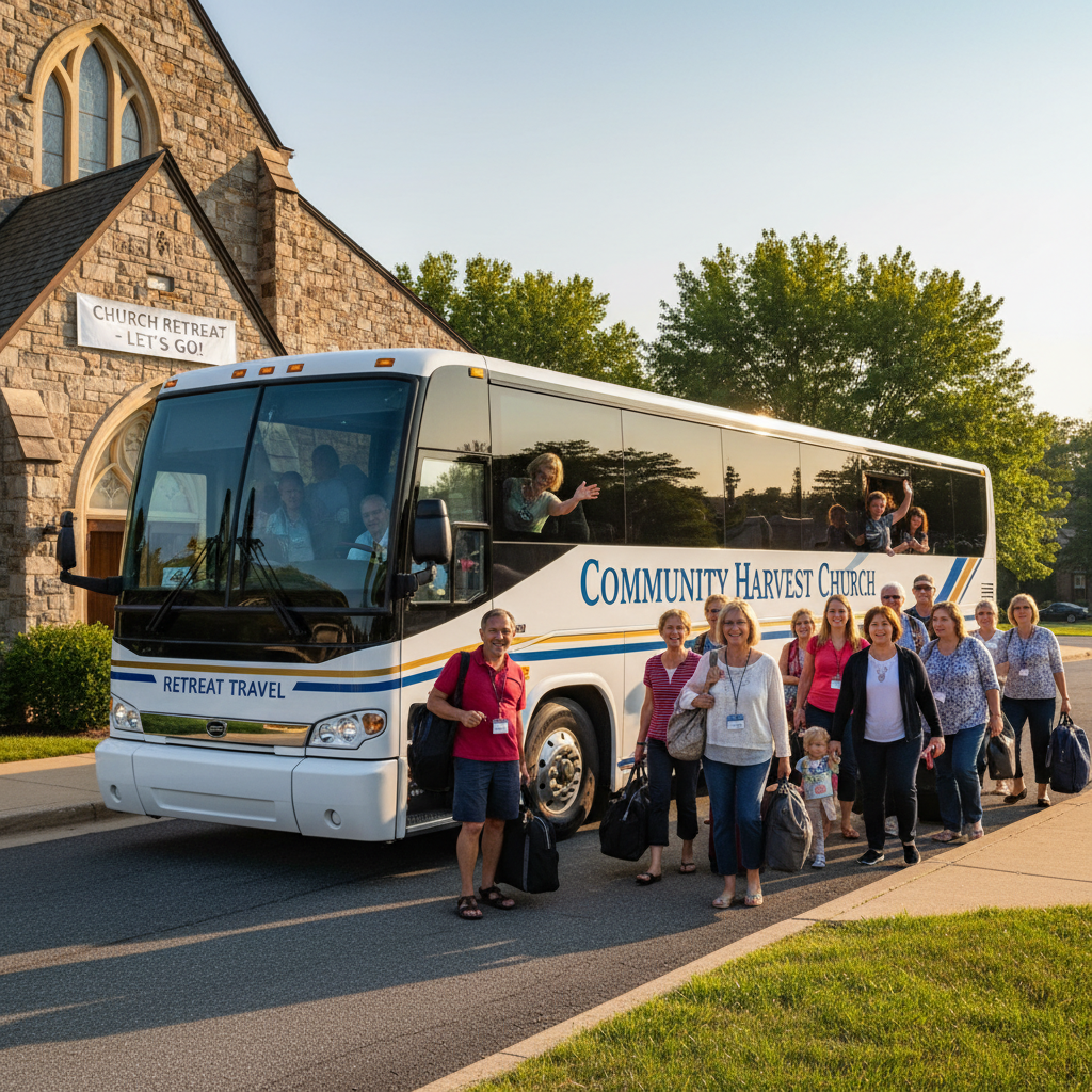 Charter bus rental for church group transportation, congregation boarding bus for retreat travel