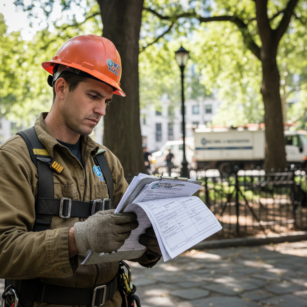 Arborist reviewing NYC Parks Department permit paperwork on a clipboard at a job site