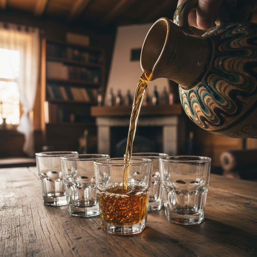 Țuică plum brandy being poured from ceramic jug into small glasses