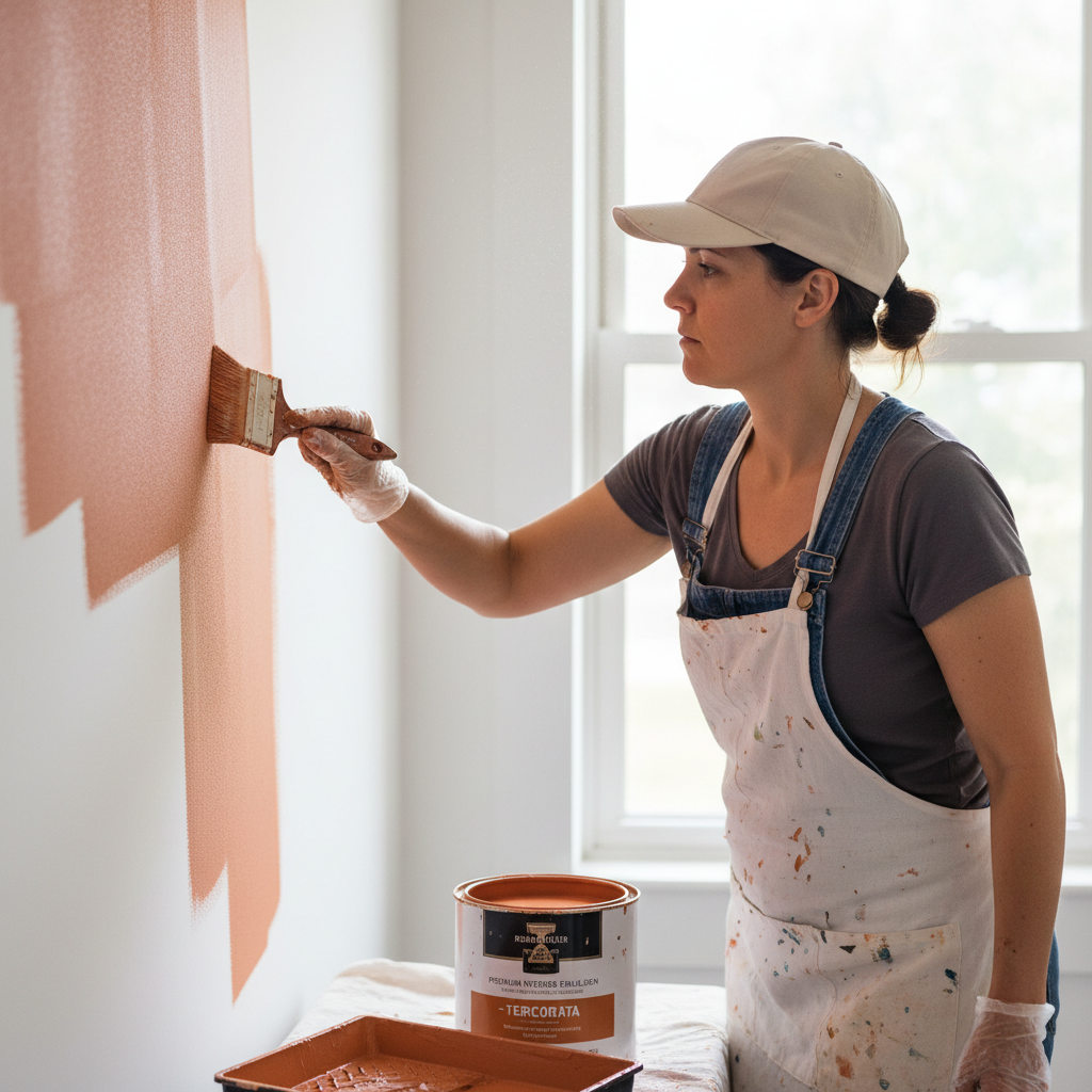 Interior bedroom with freshly spray-painted terracotta feature wall, smooth finish, warm ambient light