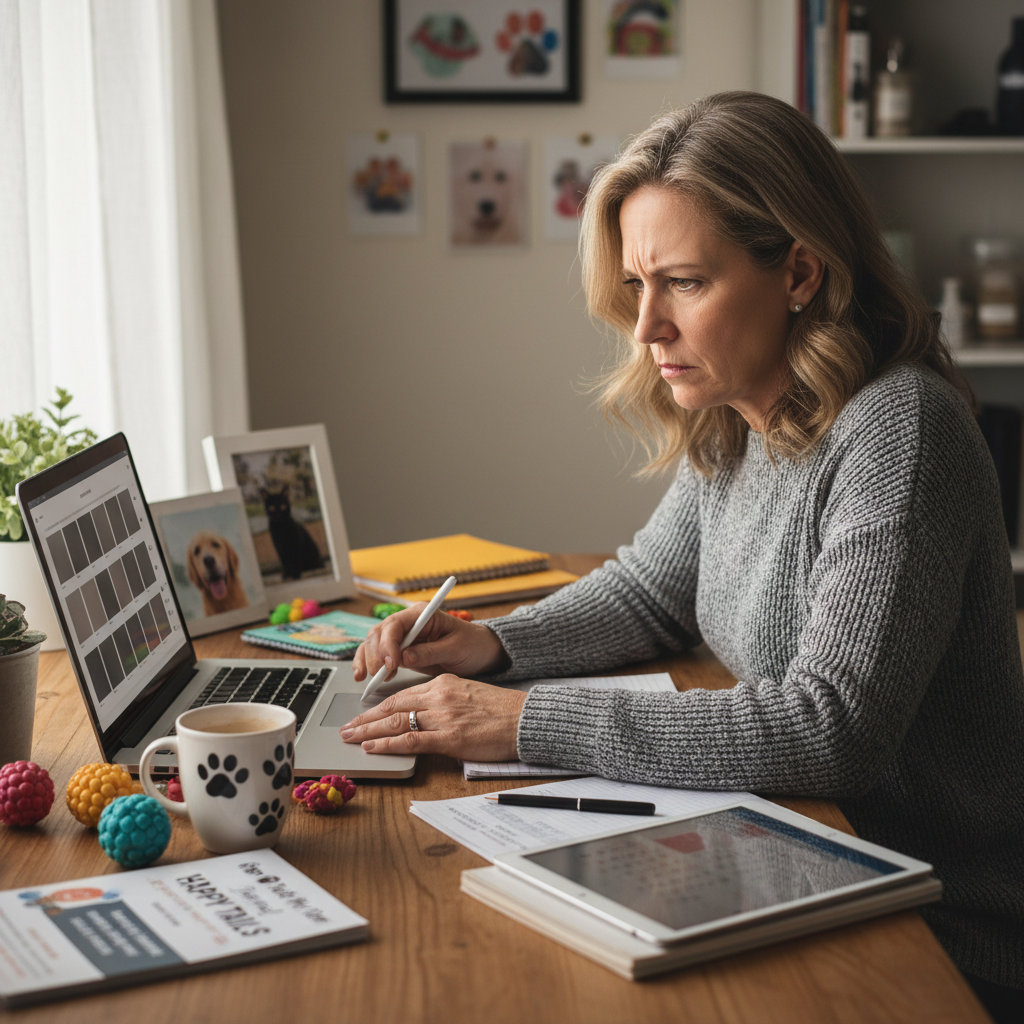 Person on laptop in dim home office environment, dark atmospheric lighting, stressed expression, moody setting for white text