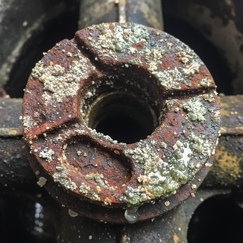 Carbonized Briggs and Stratton cylinder head with heavy carbon deposits and scoring on valve seats